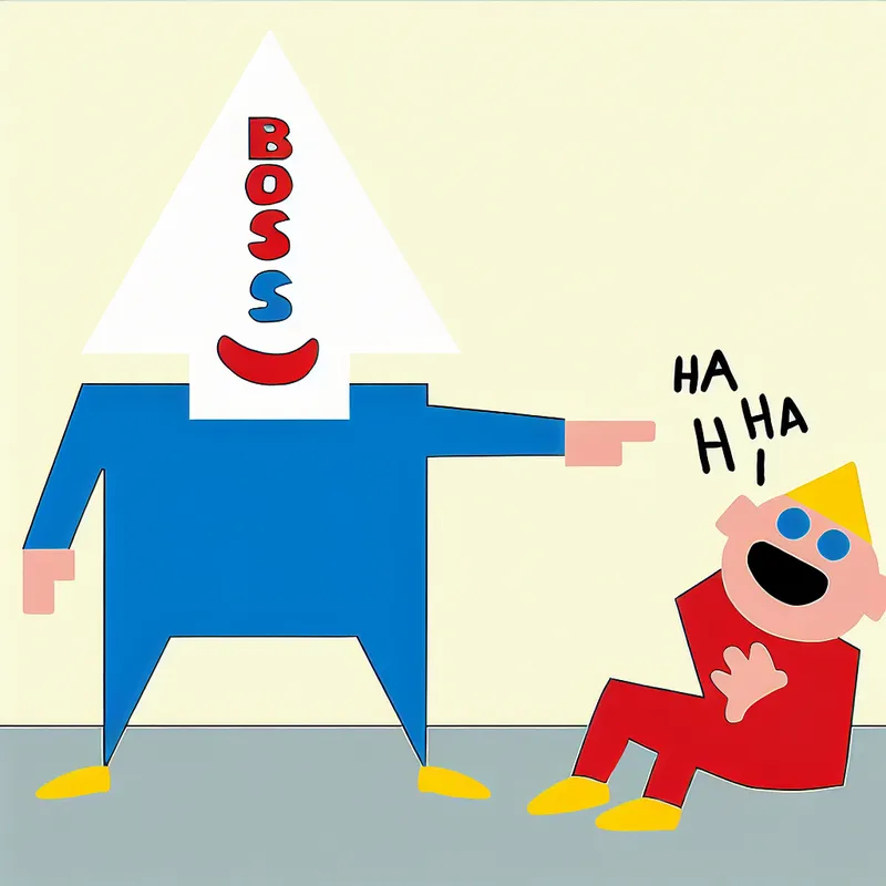 Twee vrolijke kinderfiguren in minimalistische stijl, waarbij de ene met een overdreven papieren bazenhoed naar de ander wijst en hem plagend uitlacht