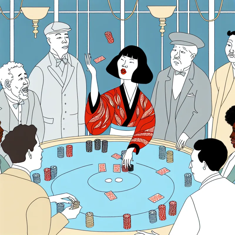 Speelse illustratie van een groep mensen rond een pokertafel, met iemand die een pokerchip in de lucht gooit.