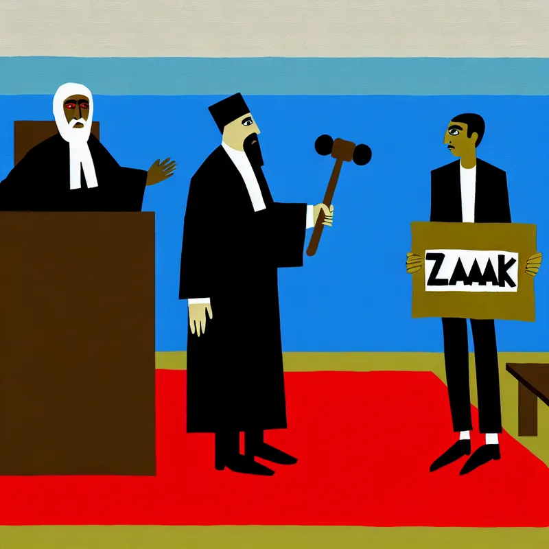 Minimalistische rechtszaal met rechter, beklaagde en advocaat met document 'ZAAK' in Dick Bruna-stijl