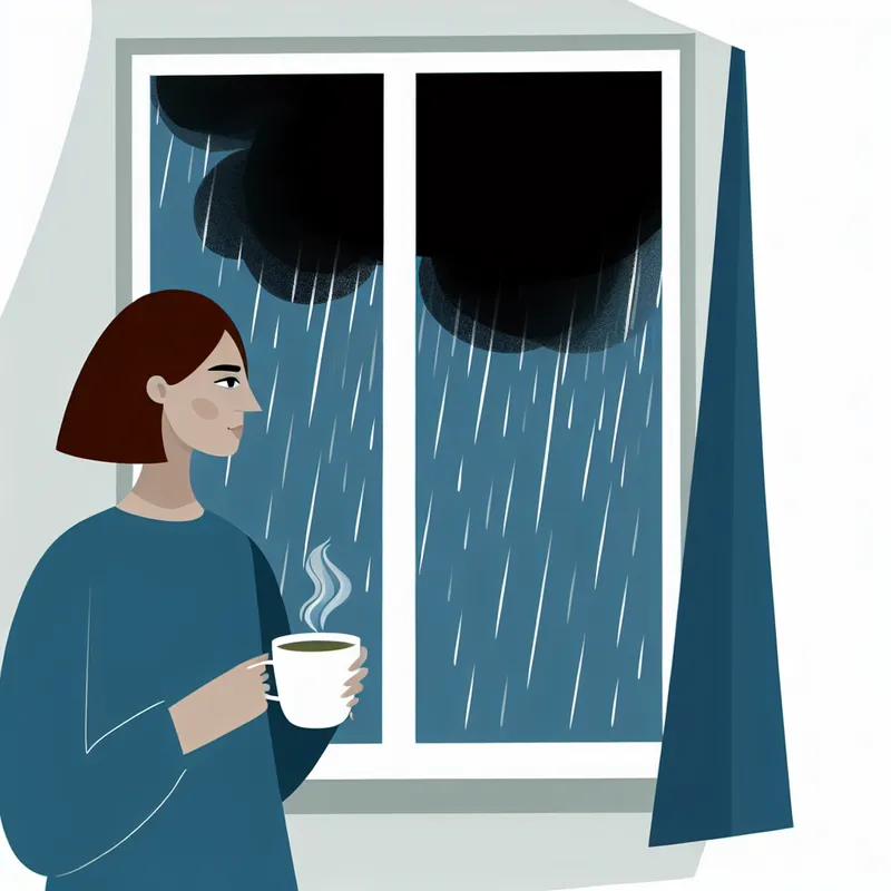 Persoon bij raam met thee, regenbuien buiten in Dick Bruna-stijl