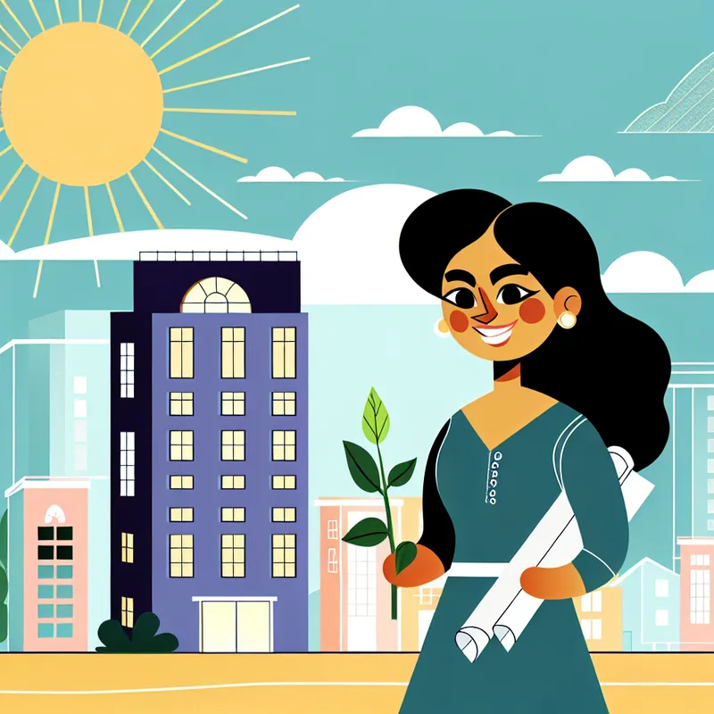 Jonge vrouw die trots staat voor een stijlvol gebouw, met een kleine plant en blauwdrukken in haar handen, symboliserend rijkdom en investeringen in vastgoed.