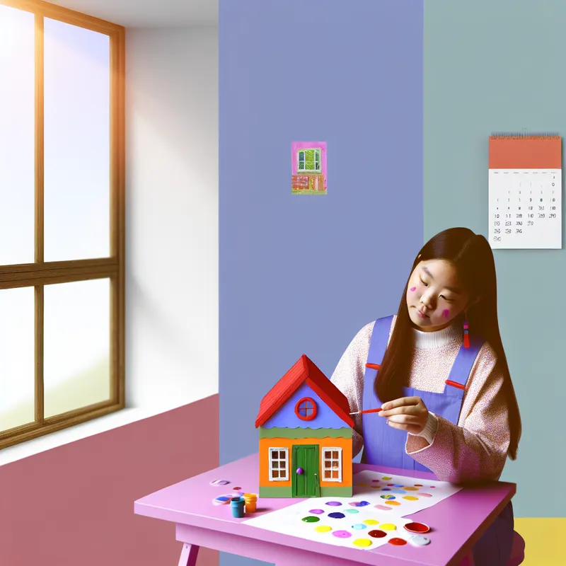 Jonge vrouw werkt aan felgekleurd bureau in Dick Bruna-stijl