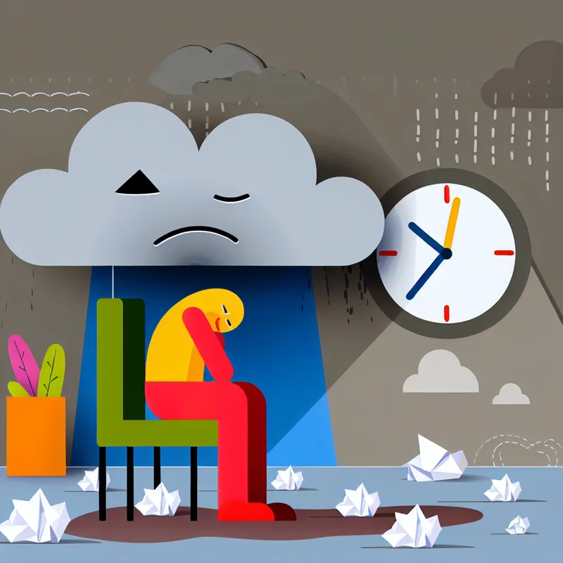 Cartoonachtig karakter met een neerwaarts gezicht zit op een stoel, omringd door grijze wolken in een minimalistische stijl van Dick Bruna