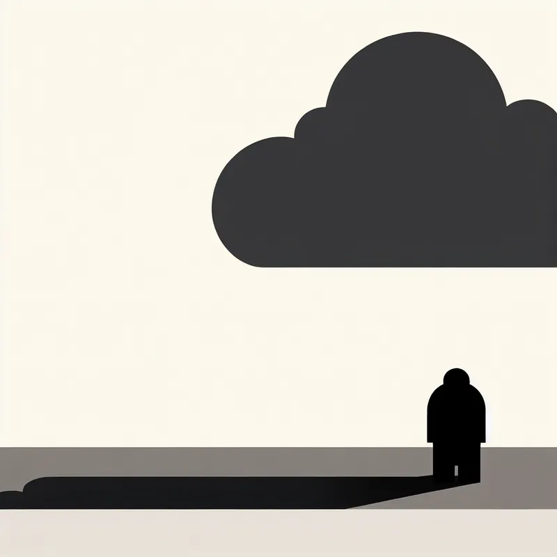 Minimalistische illustratie van een eenzaam figuurtje onder een grote donkere wolk, symbool voor somberheid en pessimisme