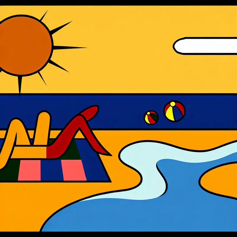 Minimalistische illustratie van een serene strandscene met een ontspannen figuur op een kleurrijke handdoek, onder een felle zon.