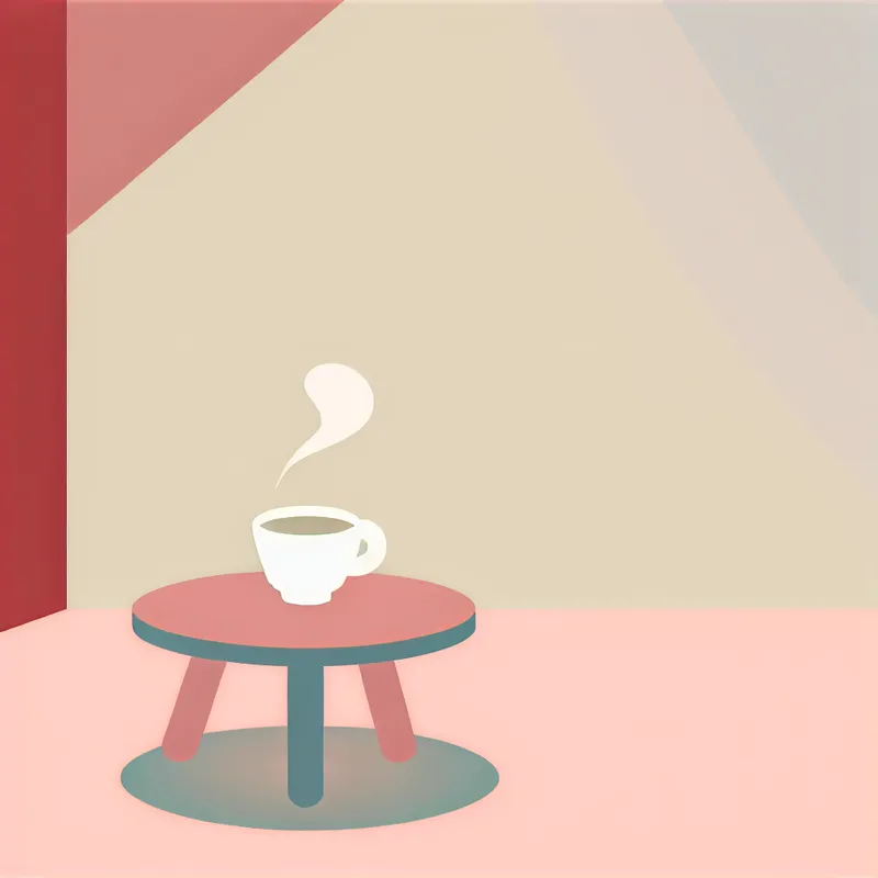 Minimalistische illustratie van een teacup op een tafel tegen een zachte, pale rode muur.