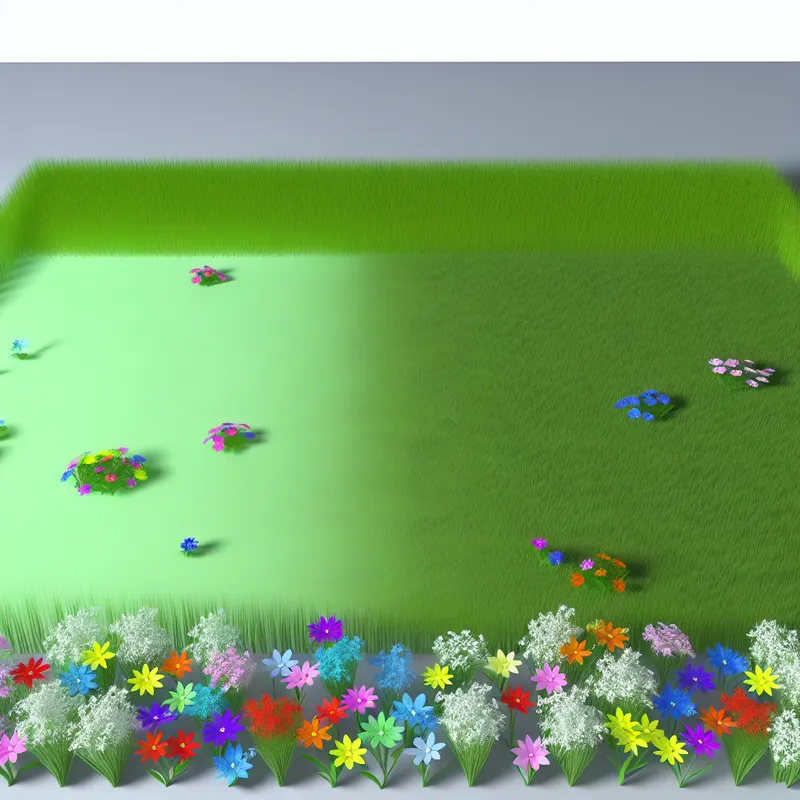 Minimalistische illustratie van een klein, leeg tuintje met kleurrijke bloemen in pasteltinten.