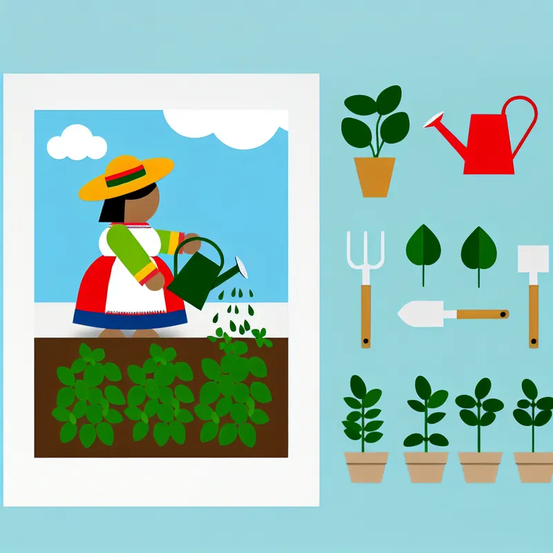 Een minimalistische tuin met een persoon die kruiden zoals basilicum en tijm verzorgt.