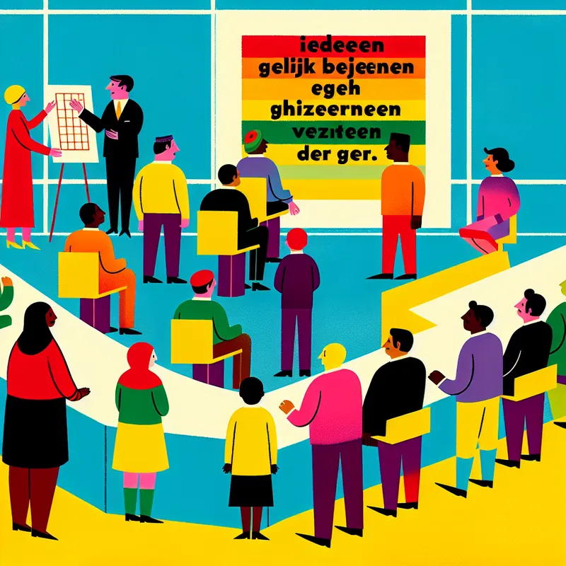 Een levendig minimalistisch vergaderzaalscène geïnspireerd door Dick Bruna, waar een diverse groep mensen in een actieve discussie betrokken is.