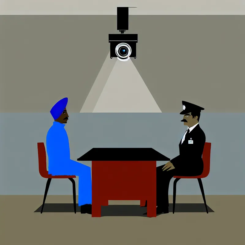 Minimalistische illustratie van een politieverhoorkamer met een tafel, twee stoelen, een verdachte en een politieagent, gefilmd door een muurcamera