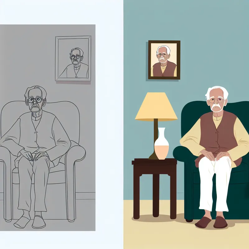 Minimalistische illustratie van een kwetsbare oudere man in een fauteuil, omringd door symbolen van verslechtering zoals een verwelkte plant en een vervaagde foto