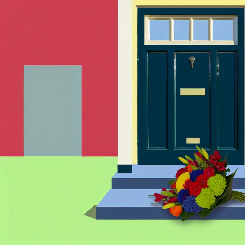 Minimalistische afbeelding van een deur met een kleurrijk bloemenboeket ervoor.
