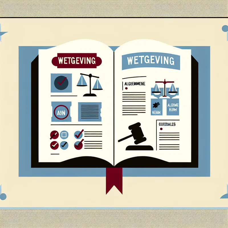 Minimalistische illustratie van een open boek met het label 'Wetgeving', omringd door symbolen zoals een hamer, rechtvaardigheidsschalen en een checklist.