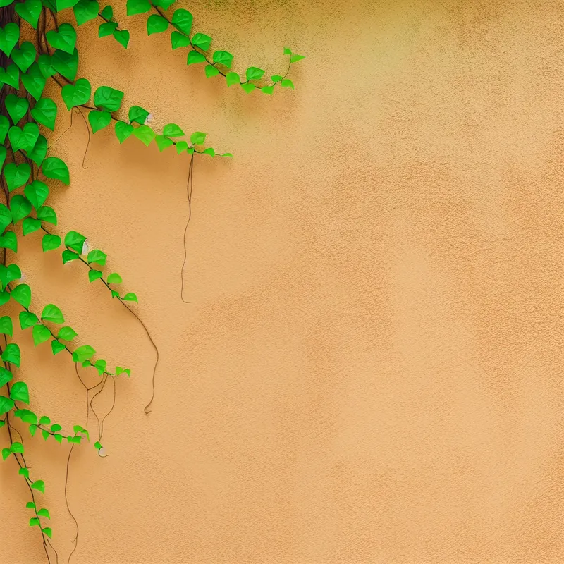 Minimalistische illustratie van een weelderige groene wingerd die een textuurmuur bedekt