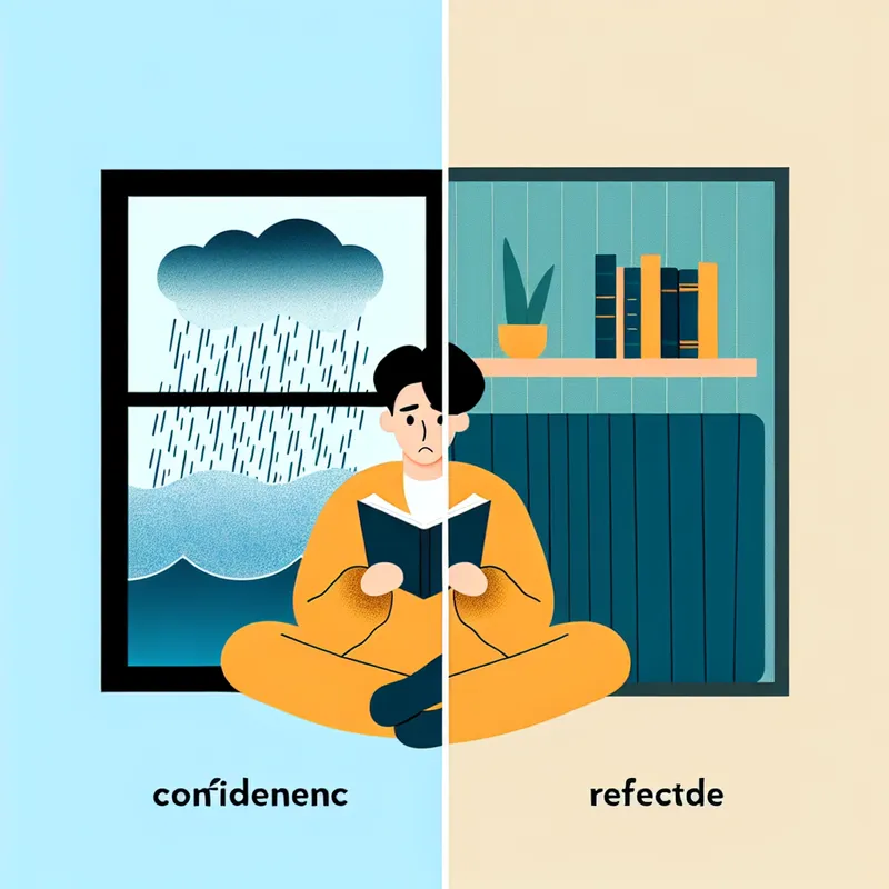 Minimalistische illustratie van een woonkamer met een raam waar het hard regent, een persoon leest een boek.