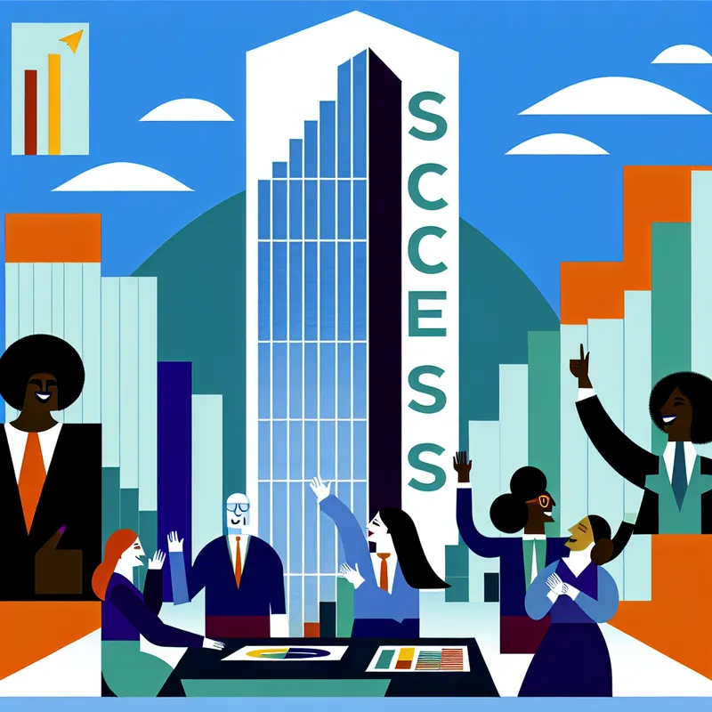 Minimalistische illustratie van een bloeiende zakelijke omgeving met het woord 'SUCCES' op een modern gebouw en blije zakenmensen die een presentatie vieren.