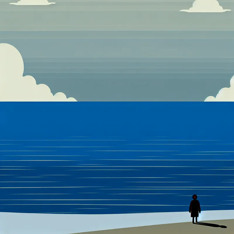 Minimalistische illustratie van een zee met een klein figuurtje dat naar de horizon kijkt, symbool voor eenzaamheid en diepte.