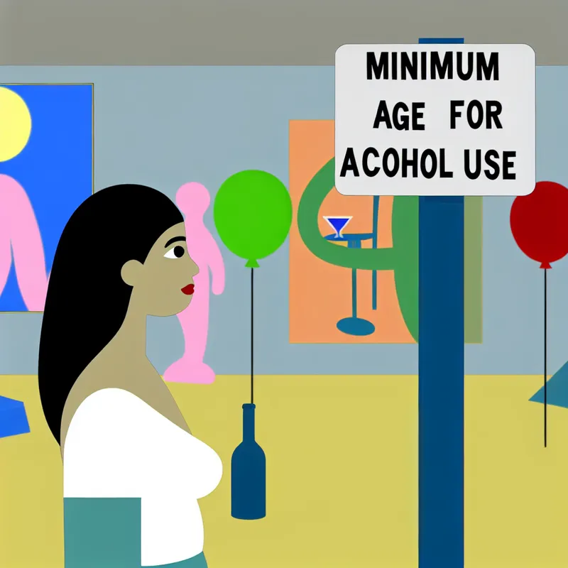 Een jonge persoon staat zelfverzekerd naast een groot bord met de tekst 'Minimumleeftijd voor Alcoholgebruik', in een kleurrijke feestachtige omgeving met ballonnen en banners.