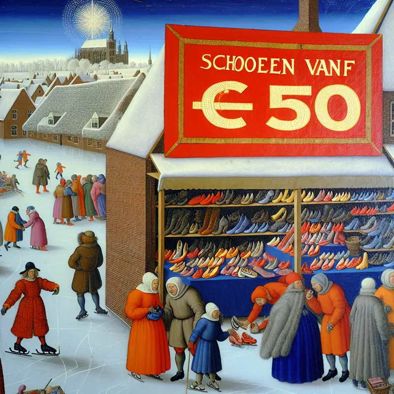 Drukbezochte wintermarkt op een bevroren kanaal met een schoenenkraam waar een bord 'Schoenen vanaf €50' de minimumprijs aangeeft, in de stijl van Hendrick Avercamp