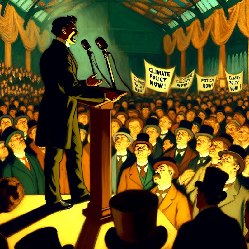 Een minister steunt een nieuw klimaatbeleid in een zaal vol enthousiaste aanhangers met spreukborden.