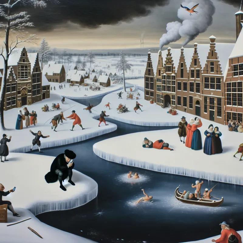 Illustratie van een levendig Hollands winters dorp in de stijl van Hendrick Avercamp, met een persoon die teleurgesteld naar een telefoon kijkt bij een bevroren kanaal, terwijl iemand in de verte excuses aanbiedt, ter illustratie van het concept 'minstens' of 'ten minste'