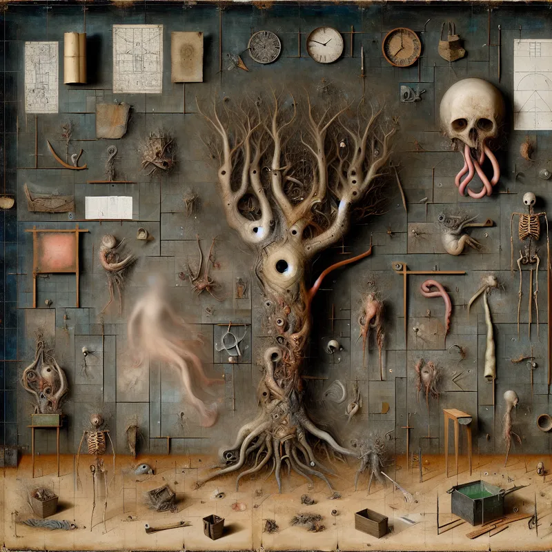 Surrealistisch tafereel van een mislukt project als een dode, verwrongen boom met bizarre wezens en vervagende hoop, geïnspireerd op Hieronymus Bosch