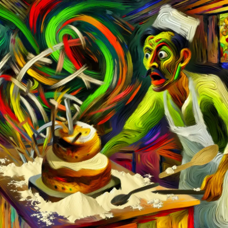 Abstract expressionistisch schilderij van een gefrustreerde persoon in een chaotische keuken na een mislukte bakpoging, met een verbrande taart en overal meel