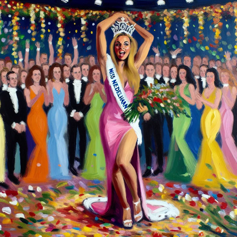 Winnares van een schoonheidswedstrijd met kroon en sjerp 'Miss Nederland 2020' op een kleurrijk podium