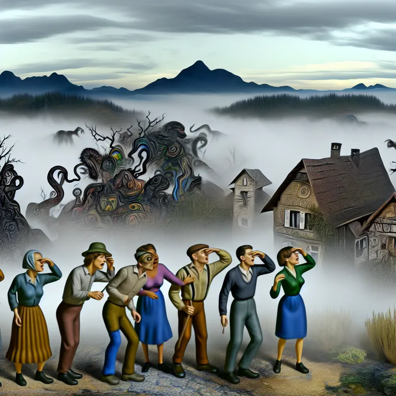 Surreële afbeelding van een mistig dorp met reizigers die in verwarring staan.