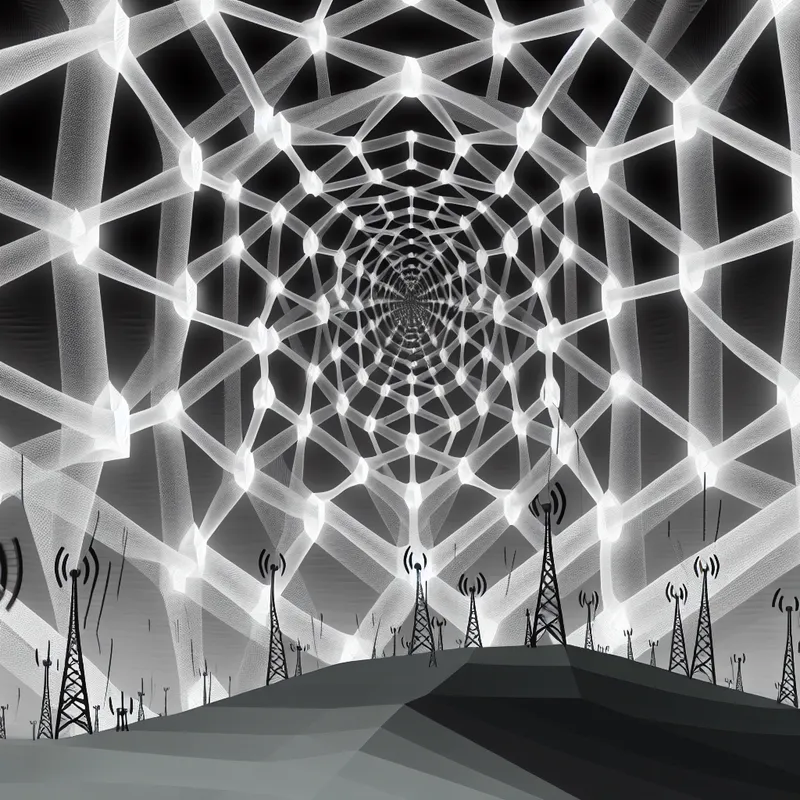 Surrealistisch landschap geïnspireerd door M.C. Escher met een Europees netwerk van mobiel internet en bereik, weergegeven door gloeiende draadloze signalen en zendmasten