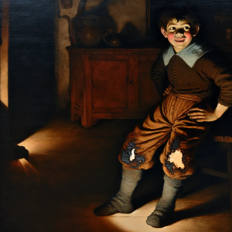 Jong kind met moddervlek op broek in 17e-eeuws Hollands interieur, realistisch geschilderd in chiaroscuro-stijl