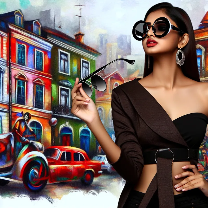 Moderne model met grote, stijlvolle zonnebril in een chique stedelijke omgeving.