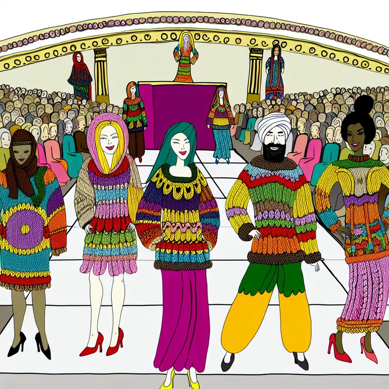 Cartoonachtige scène van een mode show met modellen op een catwalk die kleurrijke, gebreide truien tonen met ingewikkelde patronen.
