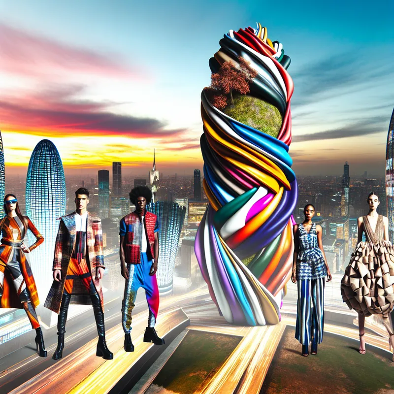Een hyper-realistisch stadslandschap met een surrealistisch monument van kleurrijke duurzame stoffen, omgeven door modebewuste individuen in trendy outfits.