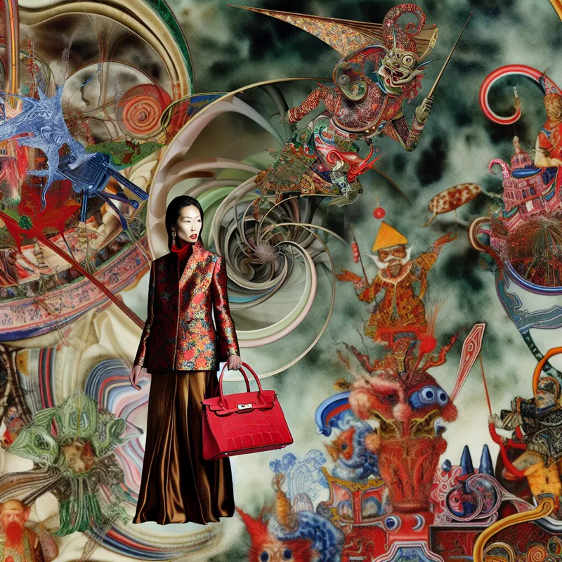 Surrealistische afbeelding van een modebewuste vrouw in een indrukwekkende outfit met een opvallende rode handtas, omringd door bizarre wezens en fantastische elementen.