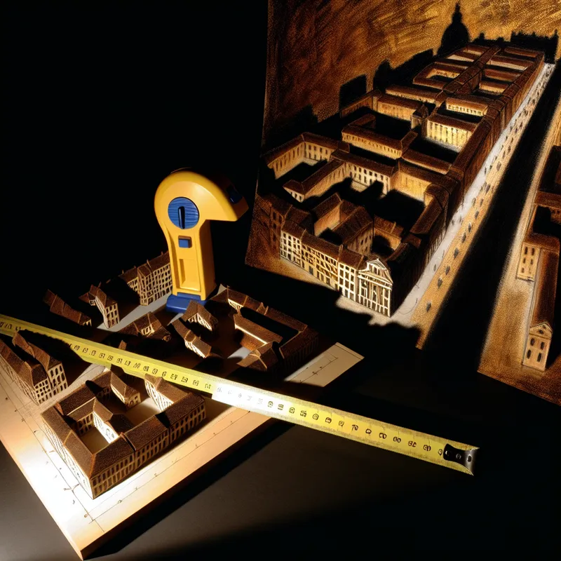 Model van een stad met een verhouding van 1:50.000, naast een schaallat en meetlint, tegen een dramatische achtergrond.