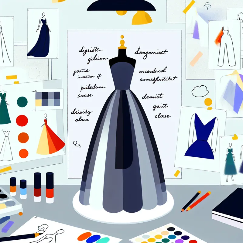 Minimalistische illustratie van een modeontwerperstudio met een mannequin in een elegante baljurk, omringd door moodboards en kleurenstalen.