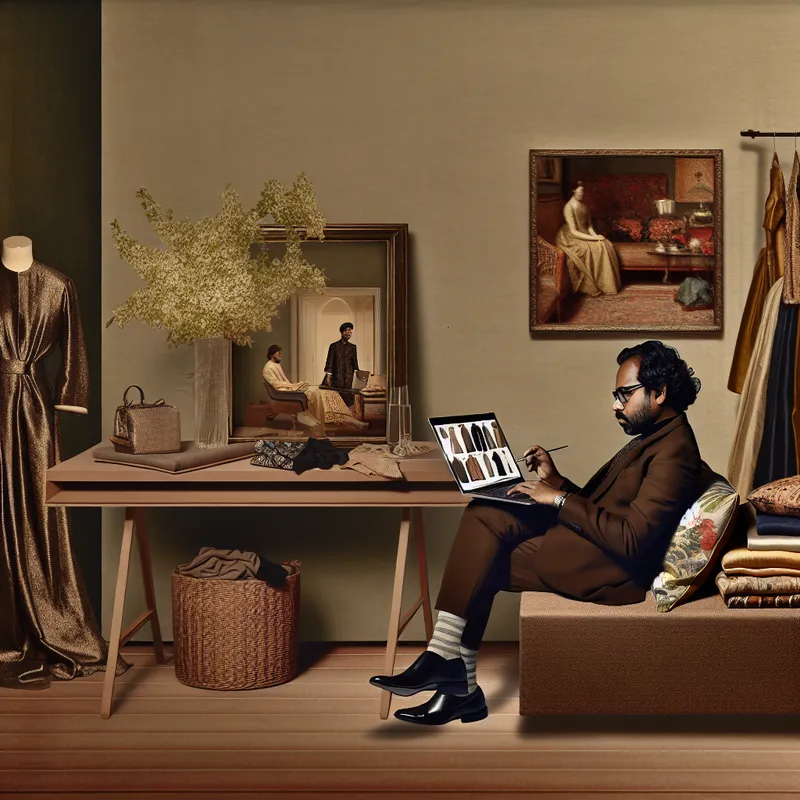 Een persoon winkelt online aan een modern bureau met een laptop en mode-items op het scherm.