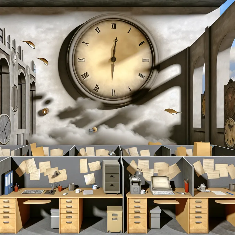 Hyper-realistisch kantoor met een grote muurklok die verschillende tijden voor elke werkdag toont