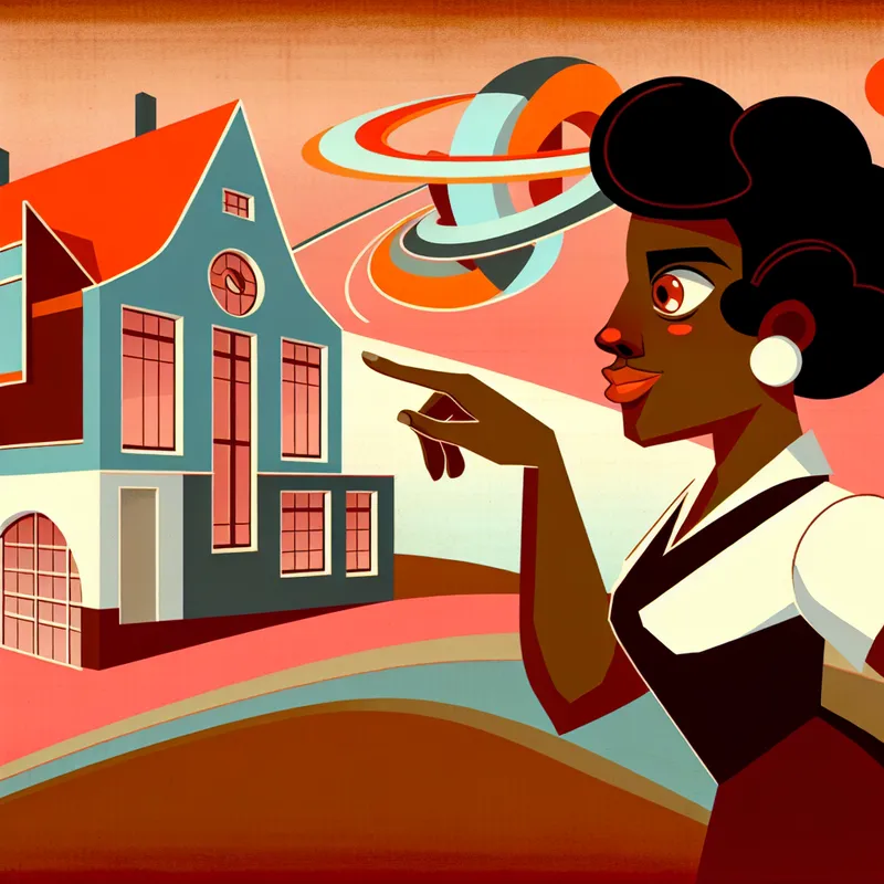 Een persoon staat buiten en wijst naar een kleurrijk huis met geometrische vormen.