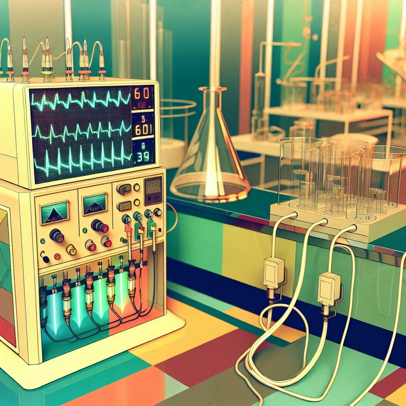 Moderne retro-futuristische laboratorium met een elektrocardiogrammachine en elektroden op vloeistofcontainers.