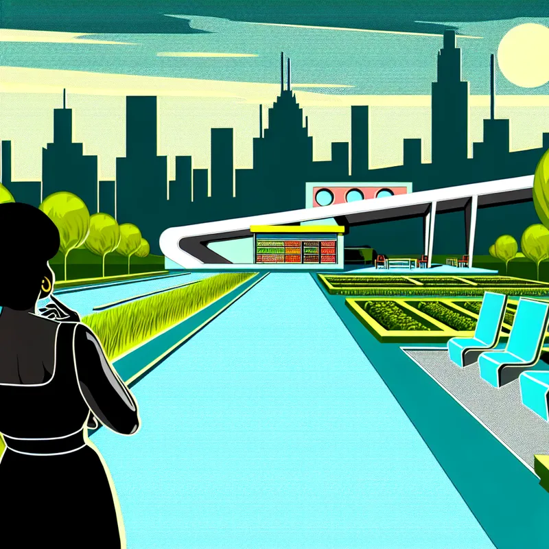 Een persoon staat aan de rand van een modern, retro-futuristisch park, kijkend naar een supermarkt in een drukke stad.