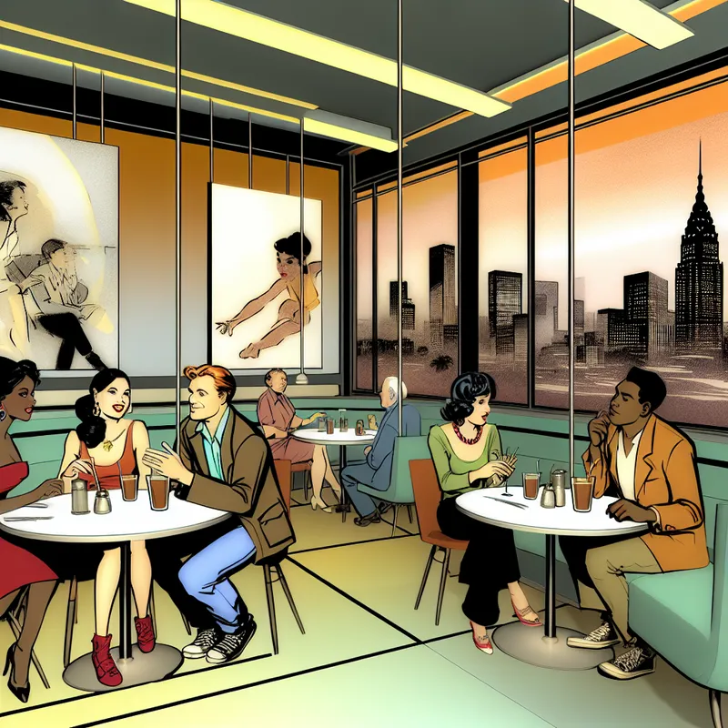 Een retro-futuristisch restaurant met een diverse groep mensen die levendig praten over een film, omringd door emotionele kunstwerken.