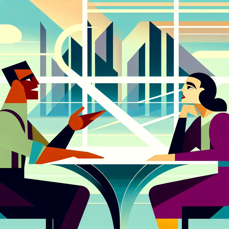 Twee personen zitten aan een geometrisch tafel en voeren een levendig gesprek, met futuristische stadslandschappen op de achtergrond.