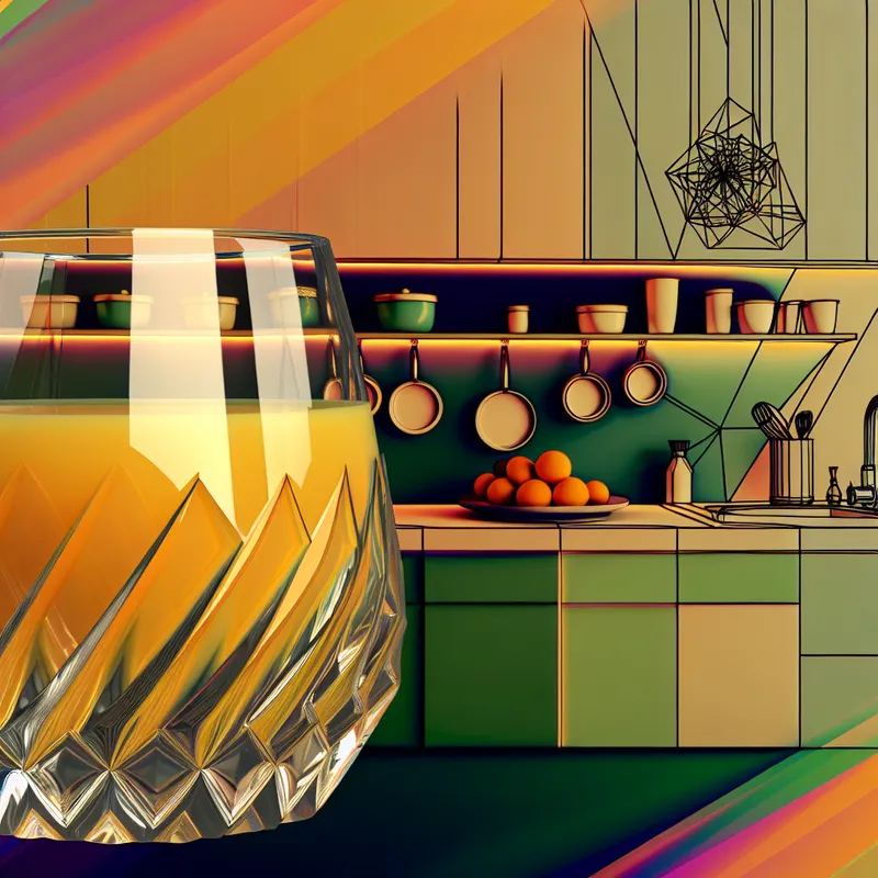 Een prachtig patroon van een retro-futuristisch glas met versgeperst sinaasappelsap in een moderne keuken.