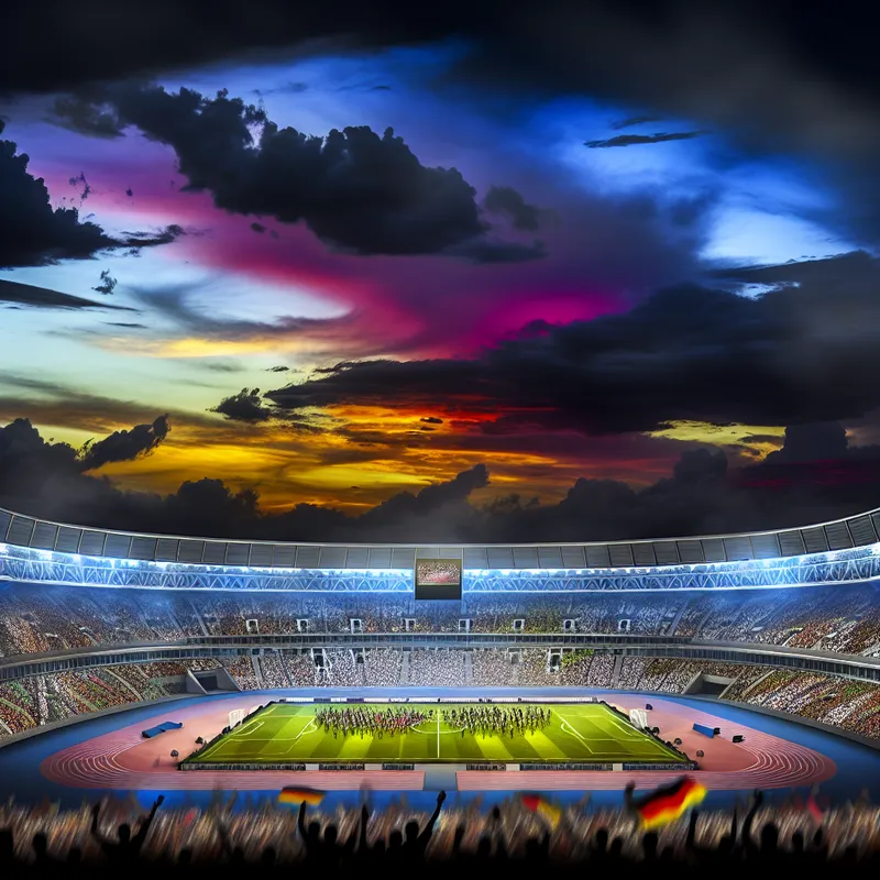 Dramatische illustratie van een modern stadion gevuld met juichende fans tijdens een sportevenement.