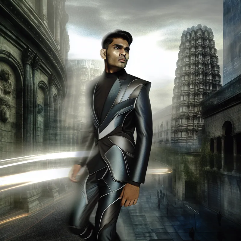 Man in modern, stylish suit in urban landscape inspired by Carel Willink