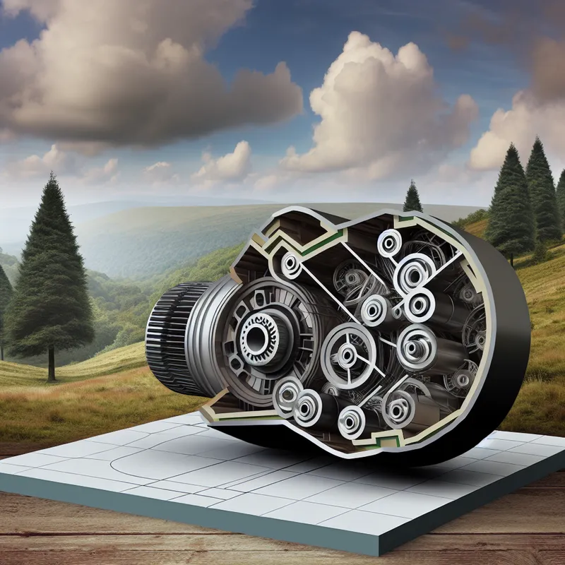 Illustratie van een modern apparaat in een natuurlijke omgeving met complexe motorcomponenten en een serene landschap.