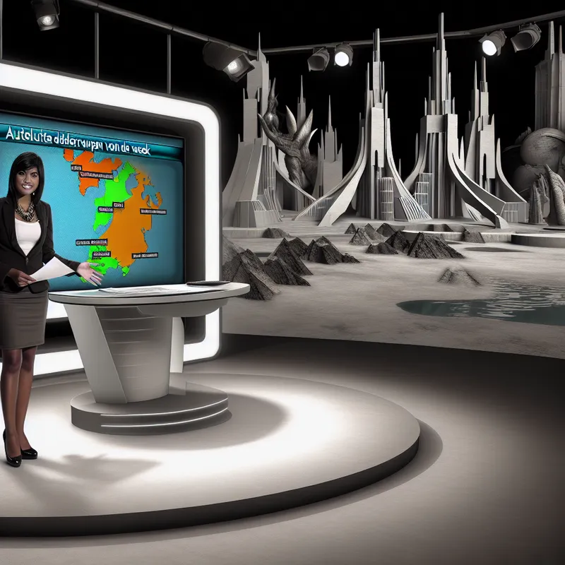 Een hyper-realistisch beeld van een modern televisiestudio met een nieuwsanker en een groot scherm waarop 'actuele onderwerpen van de week' staat.