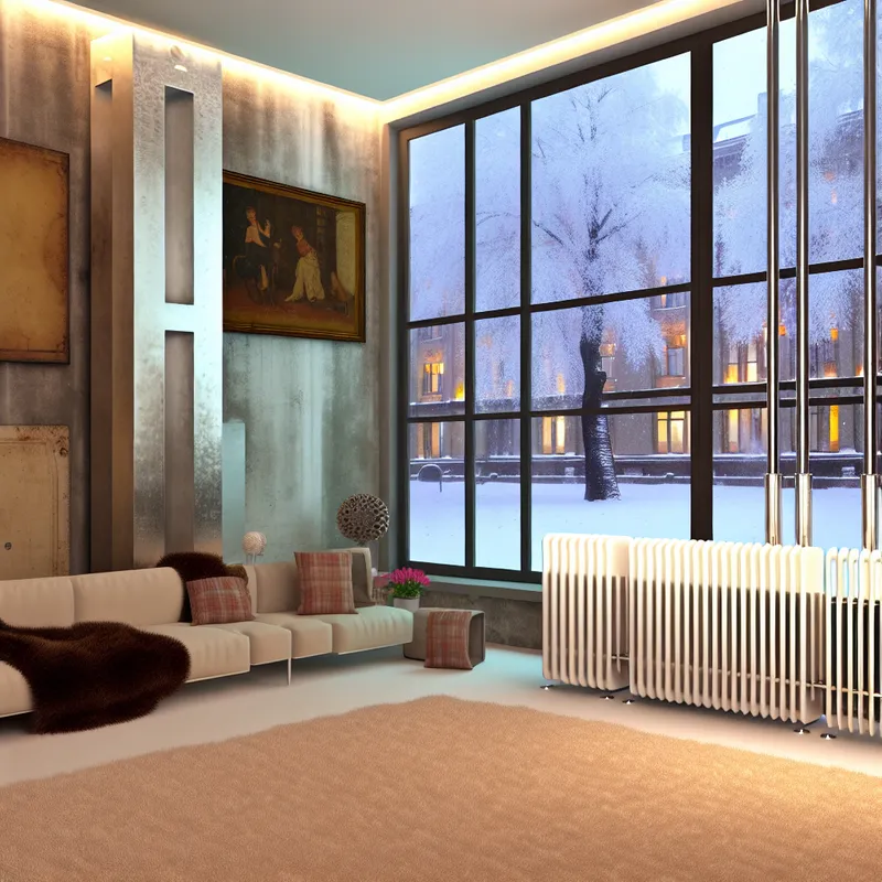 Sfeervolle winterse binnenruimte van een moderne appartement met een stijlvol verwarmingssysteem en sneeuw buiten.